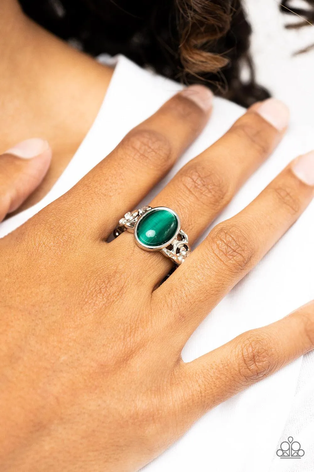 Crystals and Cats Eye Green Stone Ring - Paparazzi Accessories