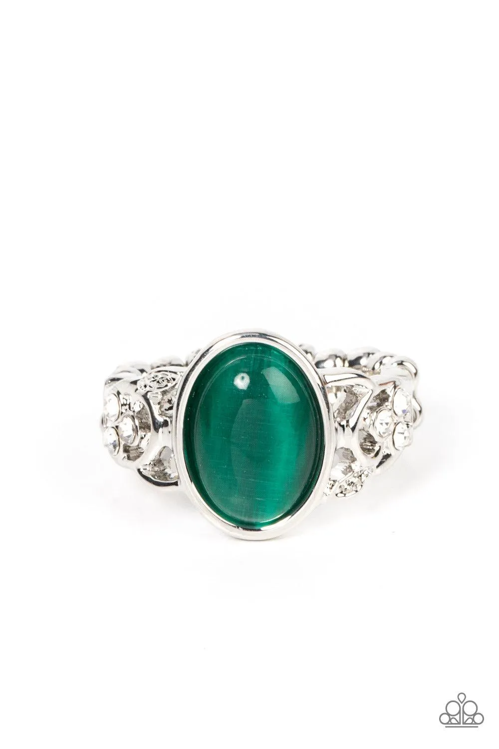 Crystals and Cats Eye Green Stone Ring - Paparazzi Accessories